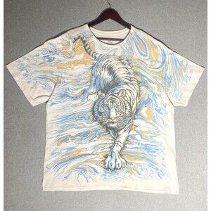 Men's  Size 2XL Y2K Liquid Blue White Tiger All Over Print Graphic Shirt Grunge
